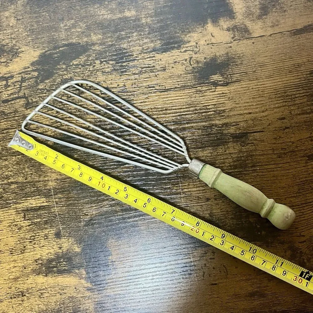 Vintage Farmhouse Kitchen Utensil Green Wooden Handle Whisk Turner